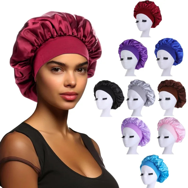 Women Night Sleep Hair Caps. Silky Bonnet Satin Double Layer Adjust Head Cover