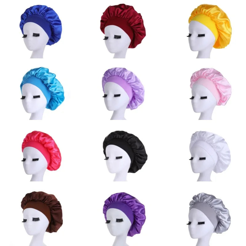 Women Night Sleep Hair Caps. Silky Bonnet Satin Double Layer Adjust Head Cover